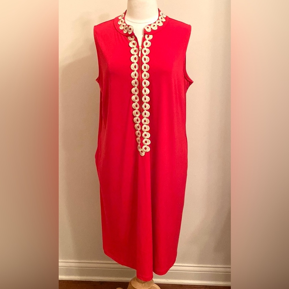 Nina Leonard Fuchsia Gold Appliqués Trim Sleeveless Crew Neck Zip Maxi Dress 2X
